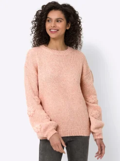 Pullover|heine Rundhalspullover mit 3D-Blüten am Ärmel puder