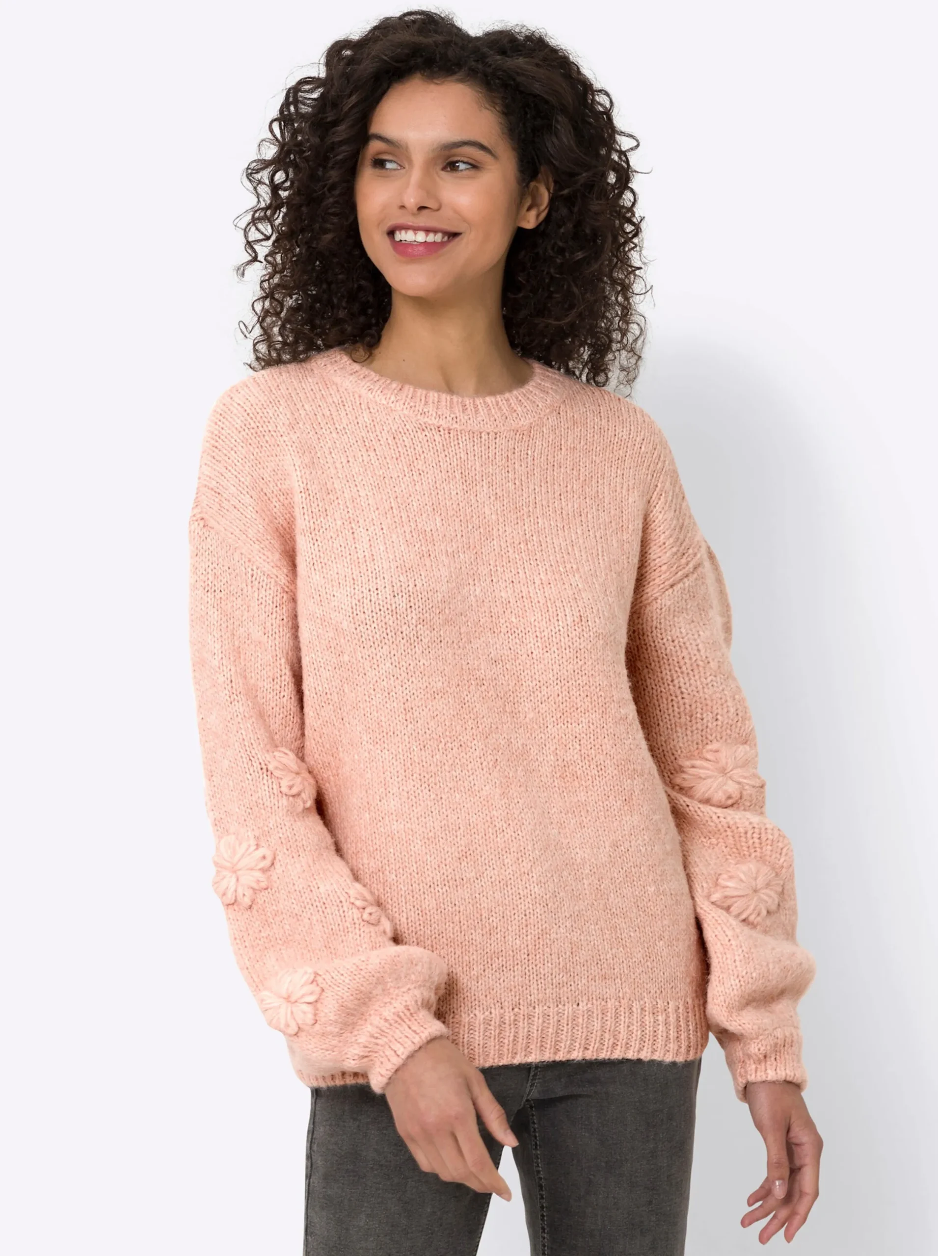 Pullover|heine Rundhalspullover mit 3D-Blüten am Ärmel puder