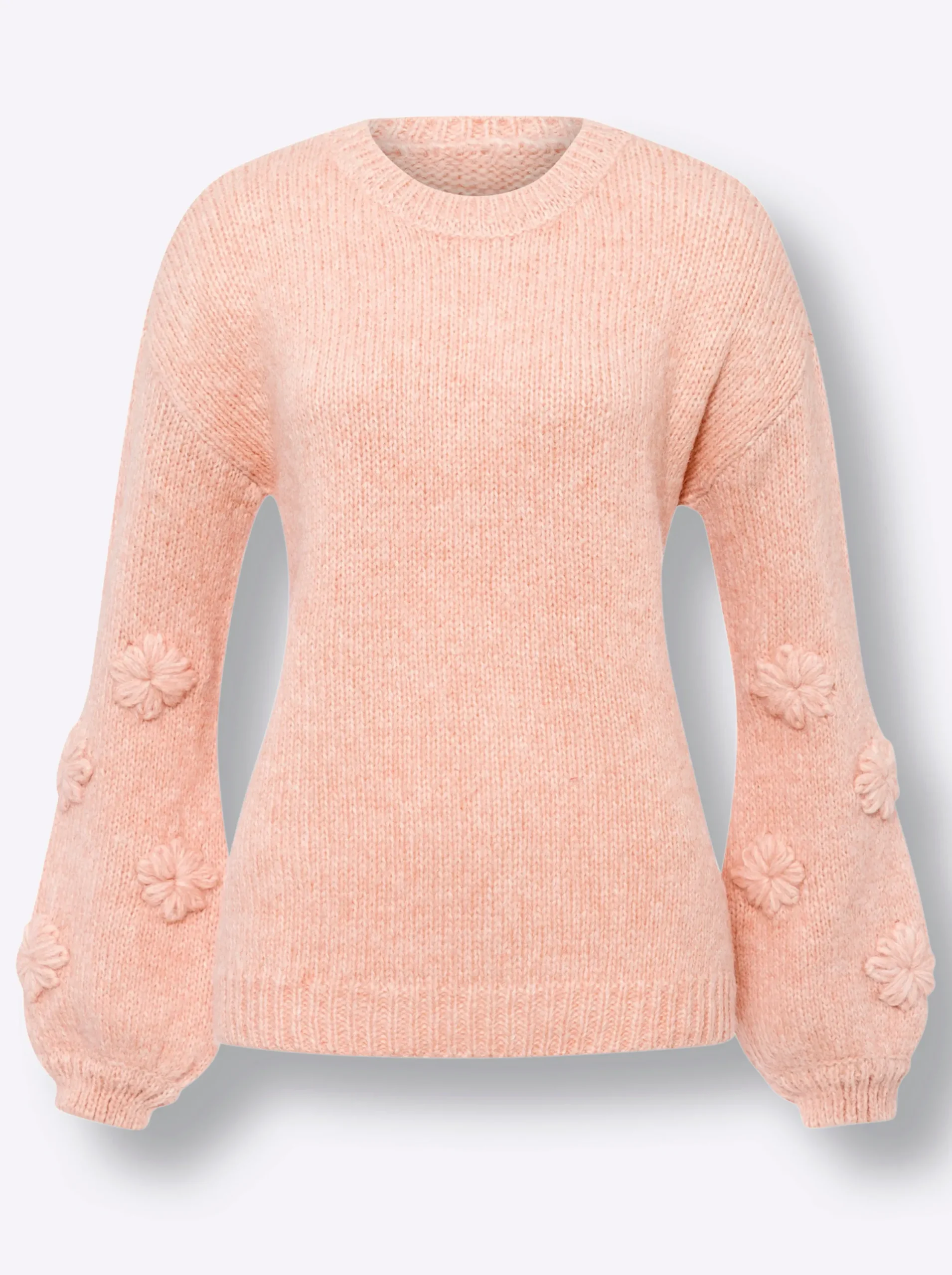 Pullover|heine Rundhalspullover mit 3D-Blüten am Ärmel puder