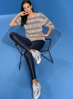 Pullover|heine Rundhalspullover mit 3/4-langen Ärmeln taubenblau-sesam-gemustert