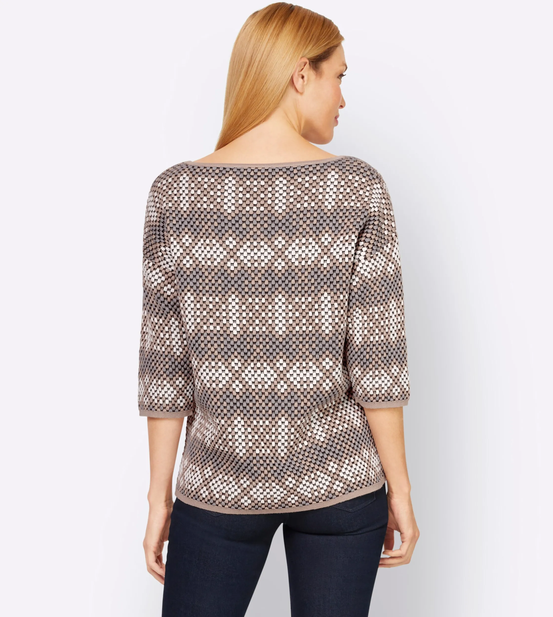 Pullover|heine Rundhalspullover mit 3/4-langen Ärmeln taubenblau-sesam-gemustert