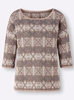 Pullover|heine Rundhalspullover mit 3/4-langen Ärmeln taubenblau-sesam-gemustert
