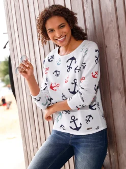 Pullover| Rundhalspullover mit maritimem Dessin weiß-marine