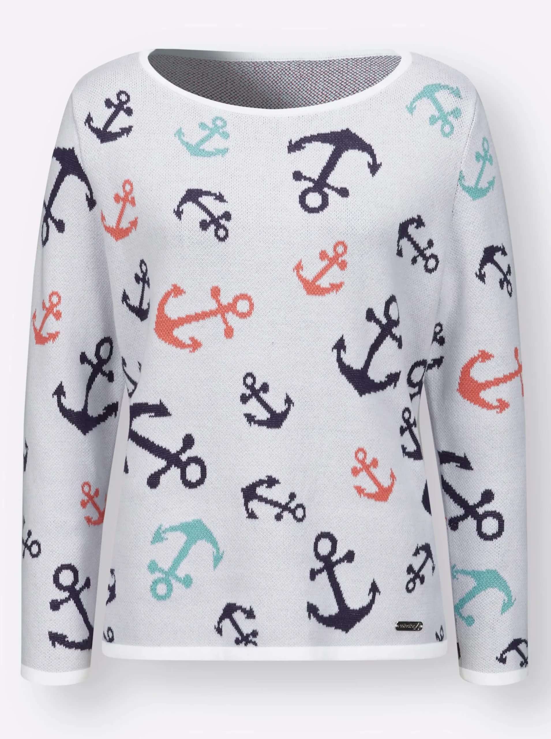 Pullover| Rundhalspullover mit maritimem Dessin weiß-marine