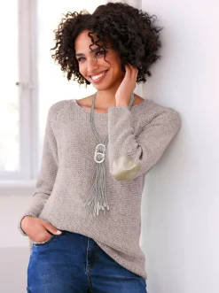 Pullover|heine Rundhalspullover mit Patches am Ellenbogen mauve-hellgrau-meliert