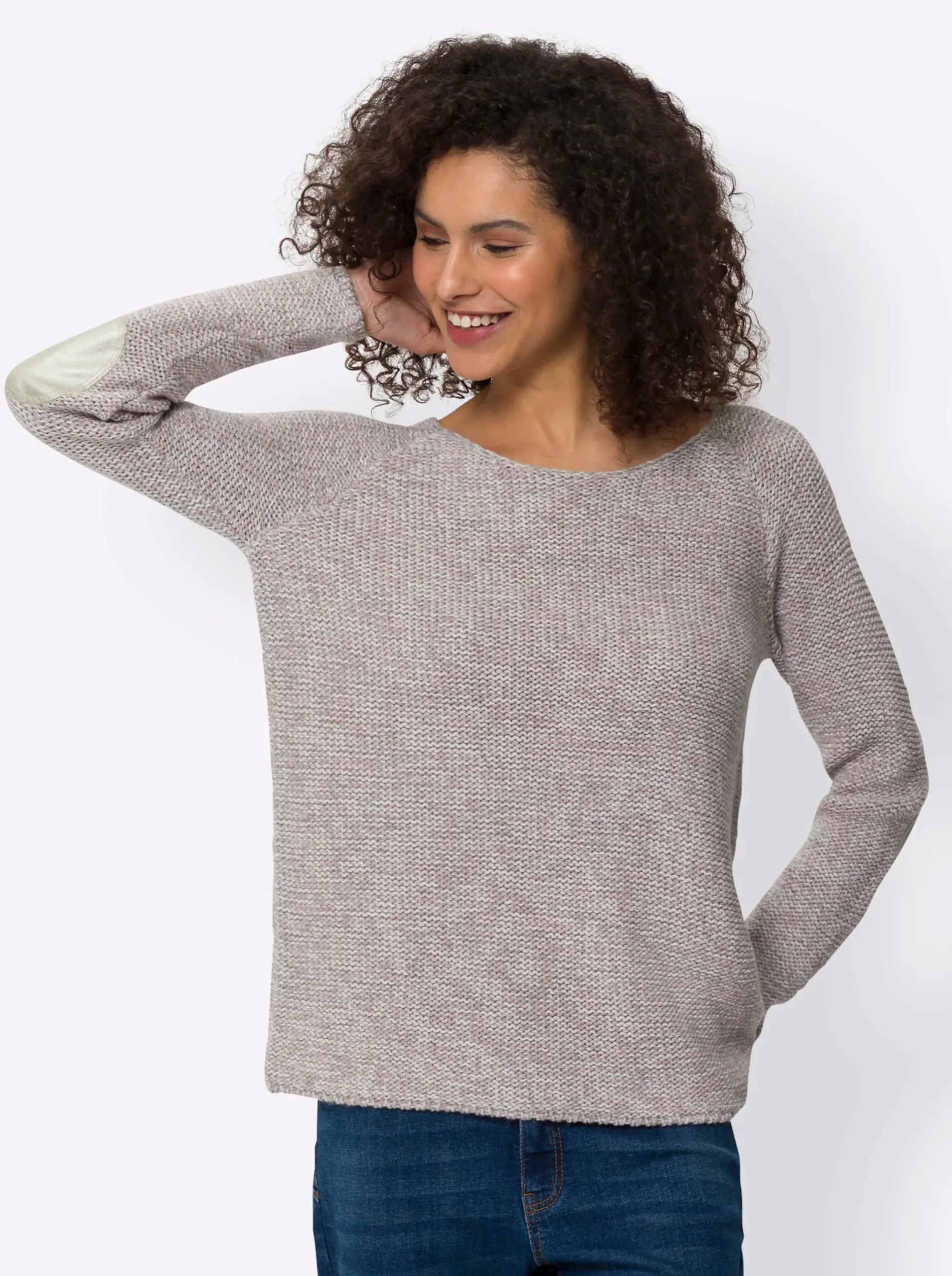 Pullover|heine Rundhalspullover mit Patches am Ellenbogen mauve-hellgrau-meliert
