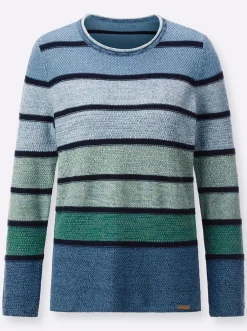 Pullover| Rundhalspullover mit Ringeln mittelblau-grün-geringelt