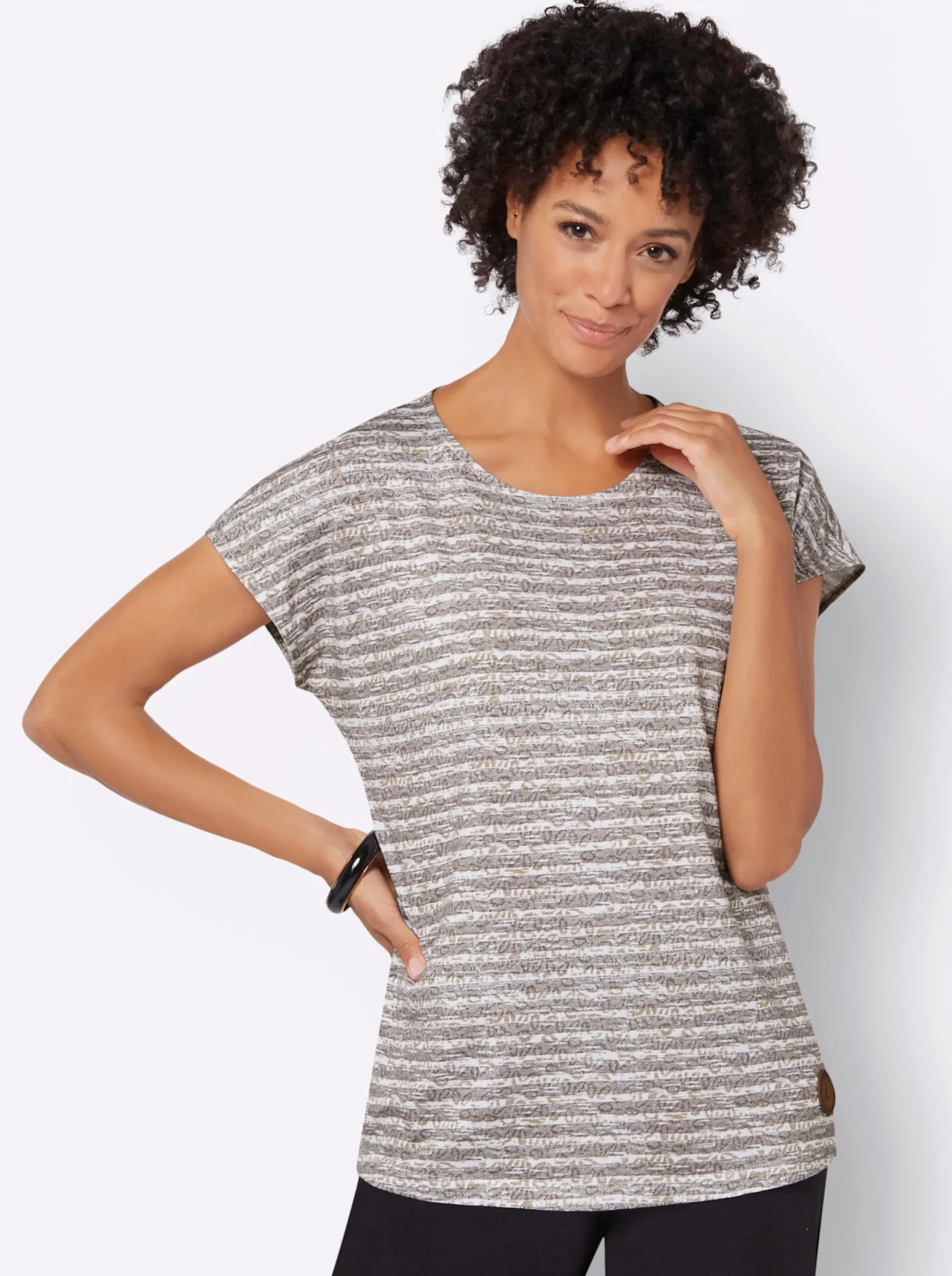Shirts| Rundhalsshirt taupe-ecru-geringelt