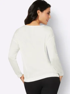 Pullover| Rundhalsshirt ecru-hellblau-bedruckt