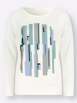 Pullover| Rundhalsshirt ecru-hellblau-bedruckt