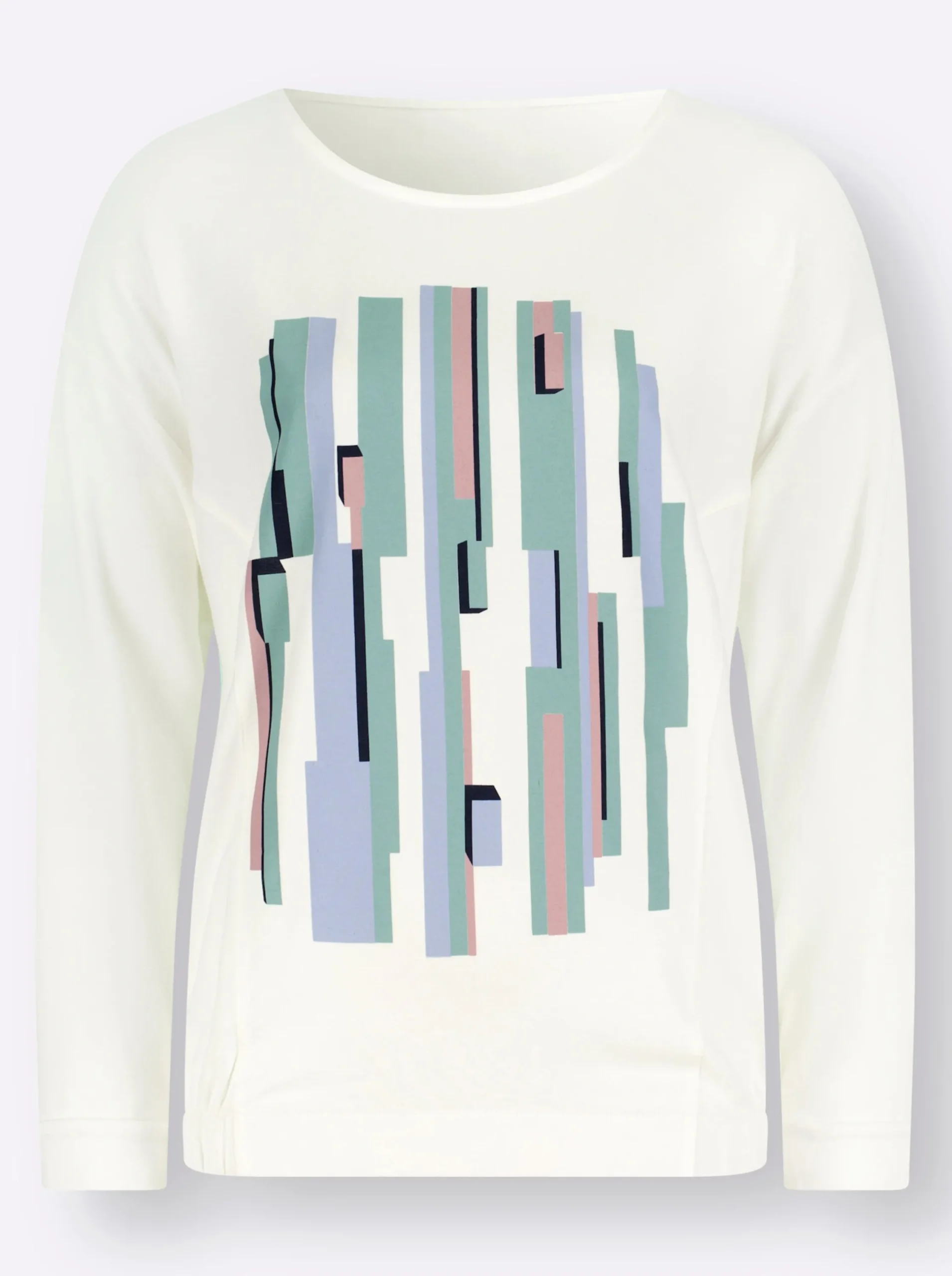Pullover| Rundhalsshirt ecru-hellblau-bedruckt