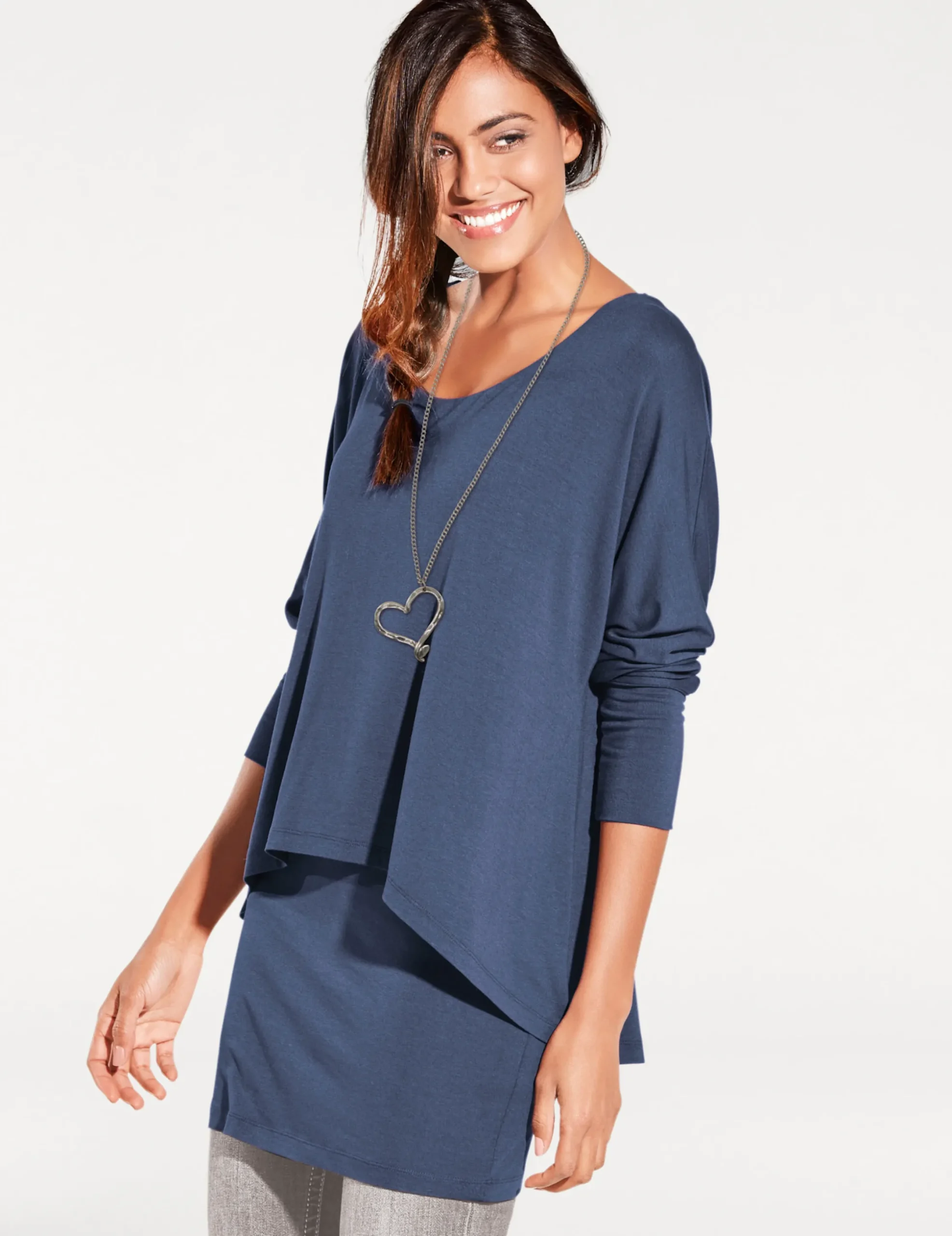 Basics|heine Rundhalsshirt mit Fledermaus-Ärmeln jeansblau