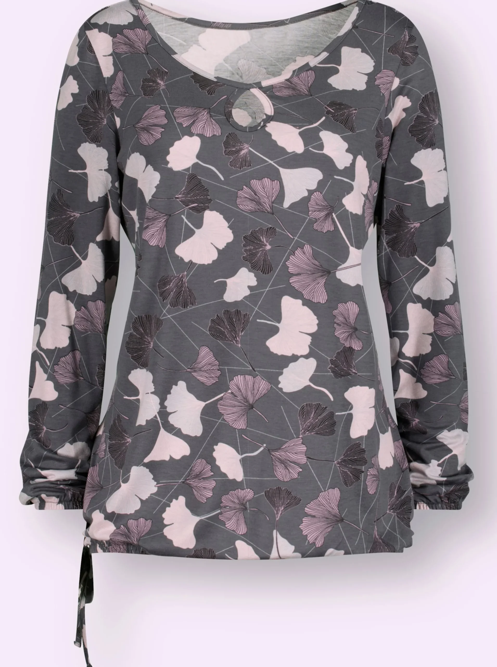 Shirts| Rundhalsshirt mit Gingko-Blättern hellgrau-mauve-bedruckt