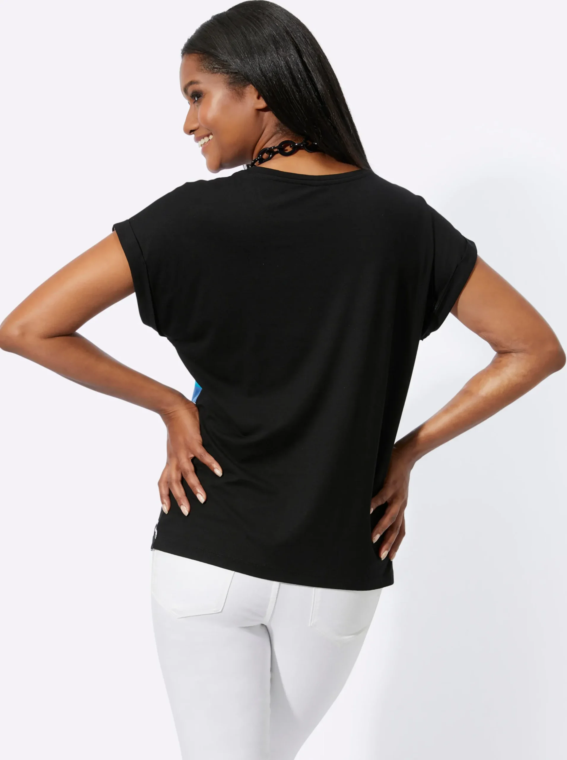 Pullover|Shirts| Rundhalsshirt mit Glanzdruck türkis-schwarz-bedruckt