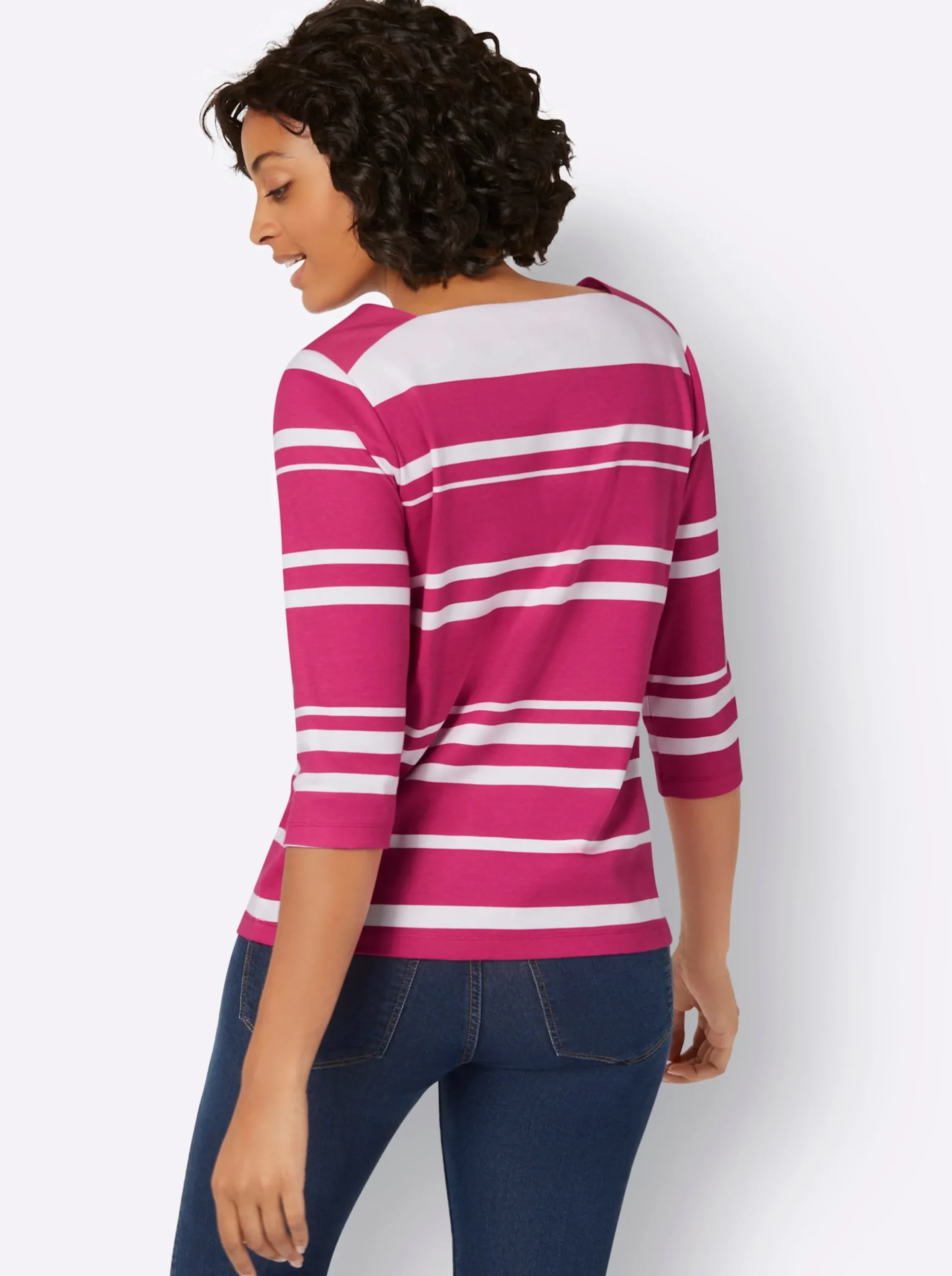 Shirts| Rundhalsshirt mit Karree-Ausschnitt fuchsia-weiß-gestreift