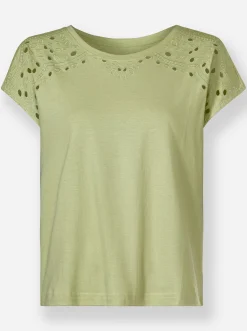 Shirts| Rundhalsshirt mit Loch-Stickerei lindgrün