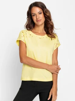Shirts| Rundhalsshirt mit Loch-Stickerei zitrone
