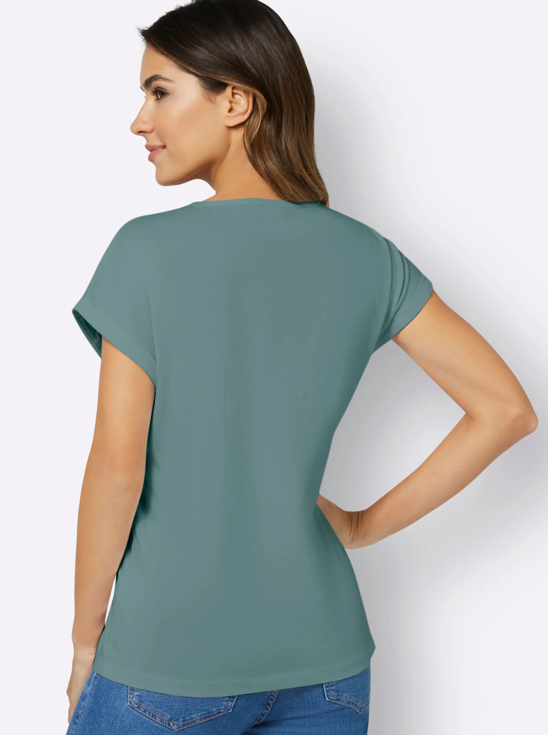 Shirts| Rundhalsshirt mit Ärmel-Aufschlag jade
