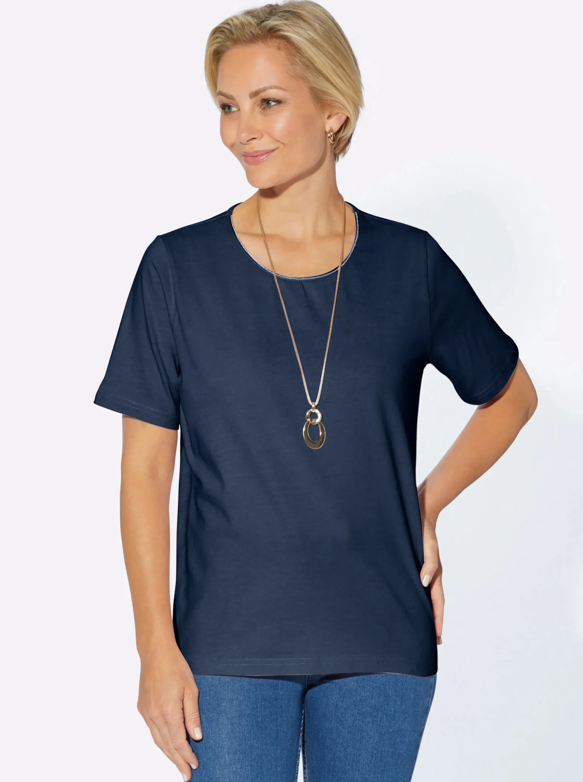 Shirts| Rundhalsshirt mit Satin-Paspelierung dunkelblau