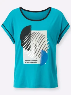 Shirts| Rundhalsshirt mit silberfarbigem Druck türkis-bedruckt