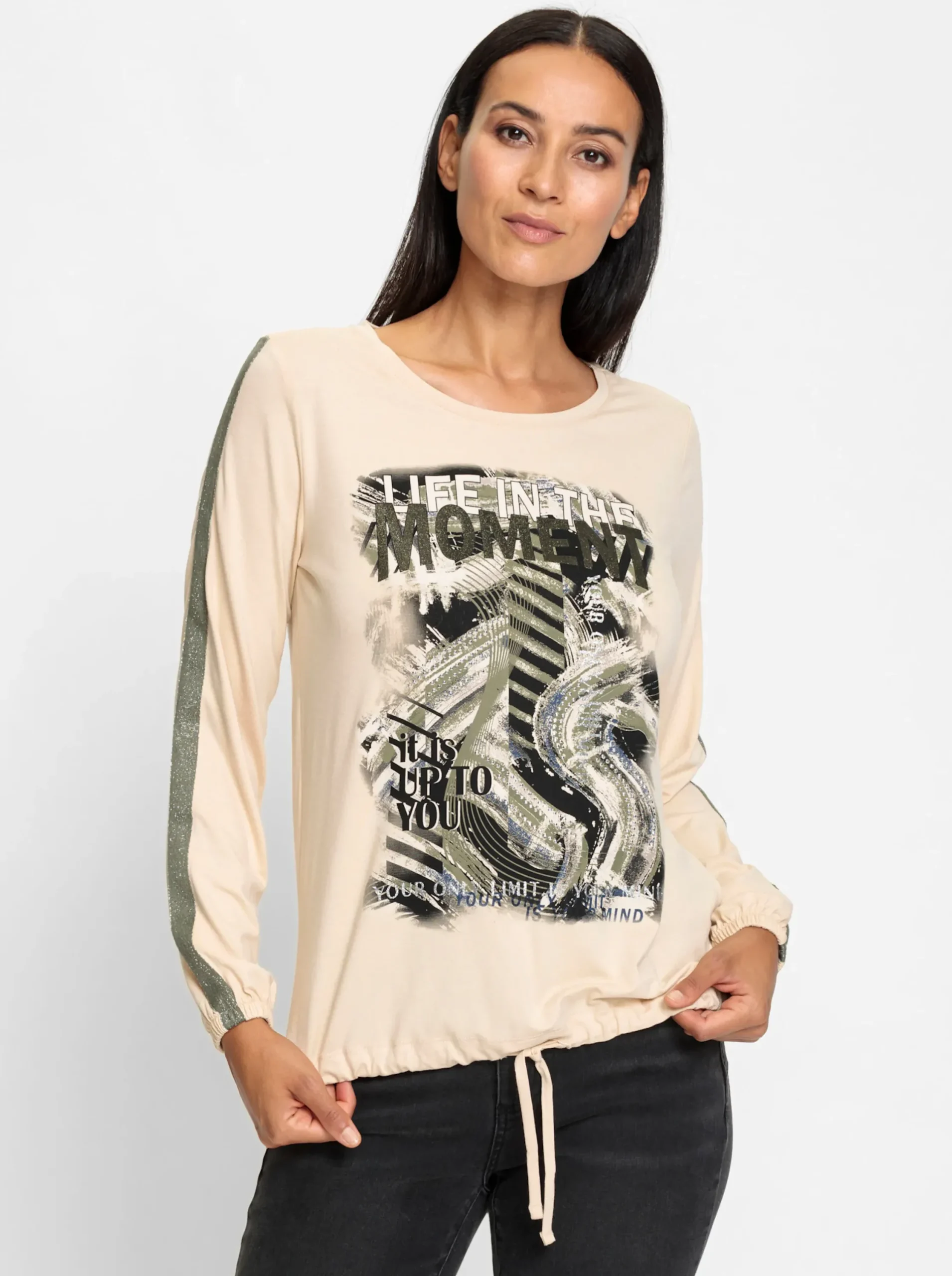 Shirts|heine Rundhalsshirt mit Tunnelzug am Saum sand