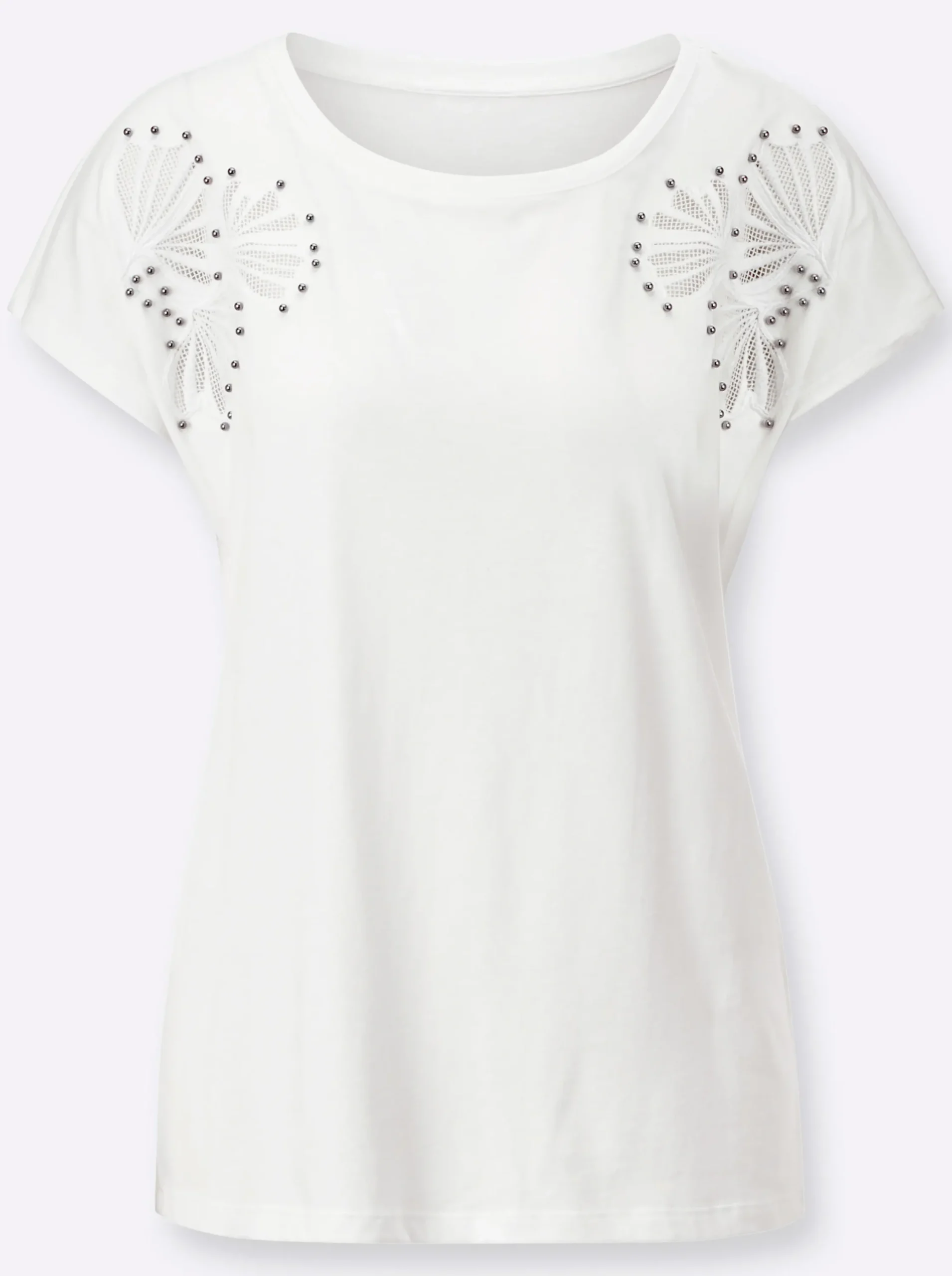 Shirts| Rundhalsshirt mit Zierperlen ecru