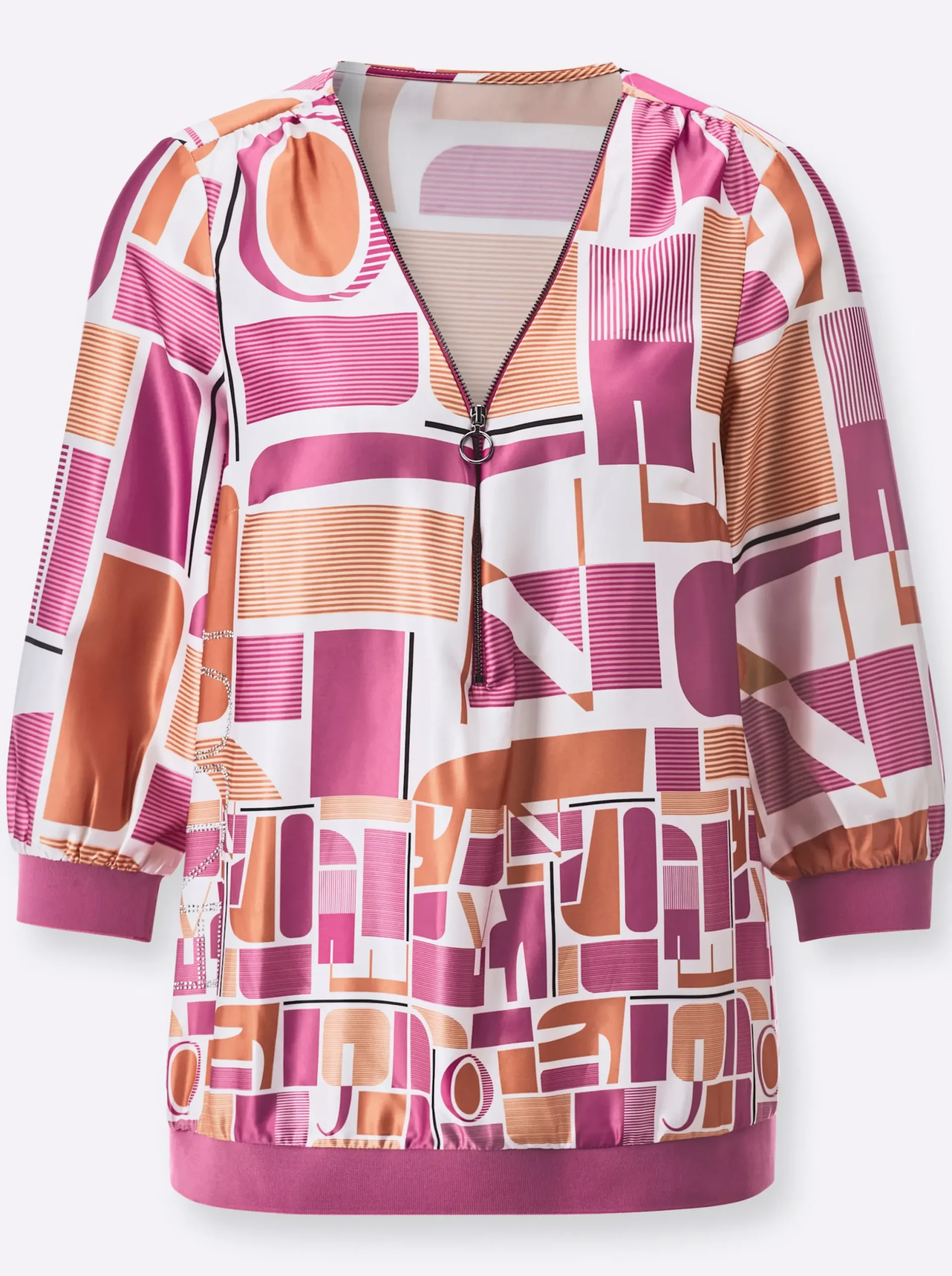 Blusen| Satinbluse im Grafikdruck mit Schriftzug papaya-fuchsia-bedruckt