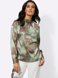 Blusen| Satinbluse mit breiten Knopfmanschetten khaki-lindgrün-bedruckt