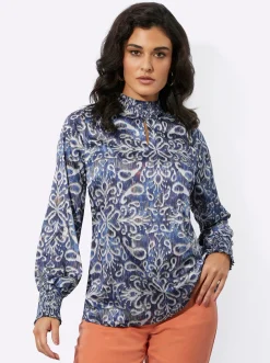 Blusen| Satinbluse mit gesmoktem Stehkragen ecru-marine-bedruckt