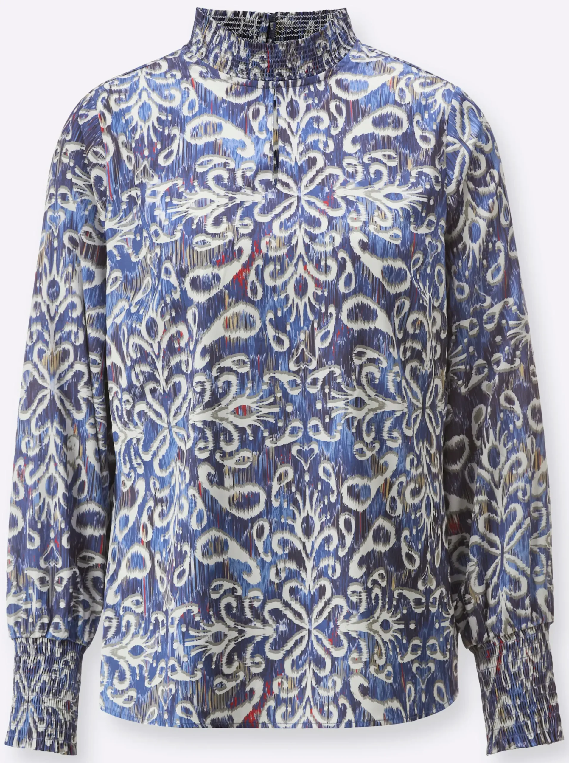 Blusen| Satinbluse mit gesmoktem Stehkragen ecru-marine-bedruckt