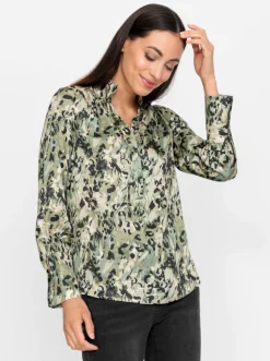 Blusen|heine Satinbluse mit Seitenschlitzen khaki-schlamm-bedruckt