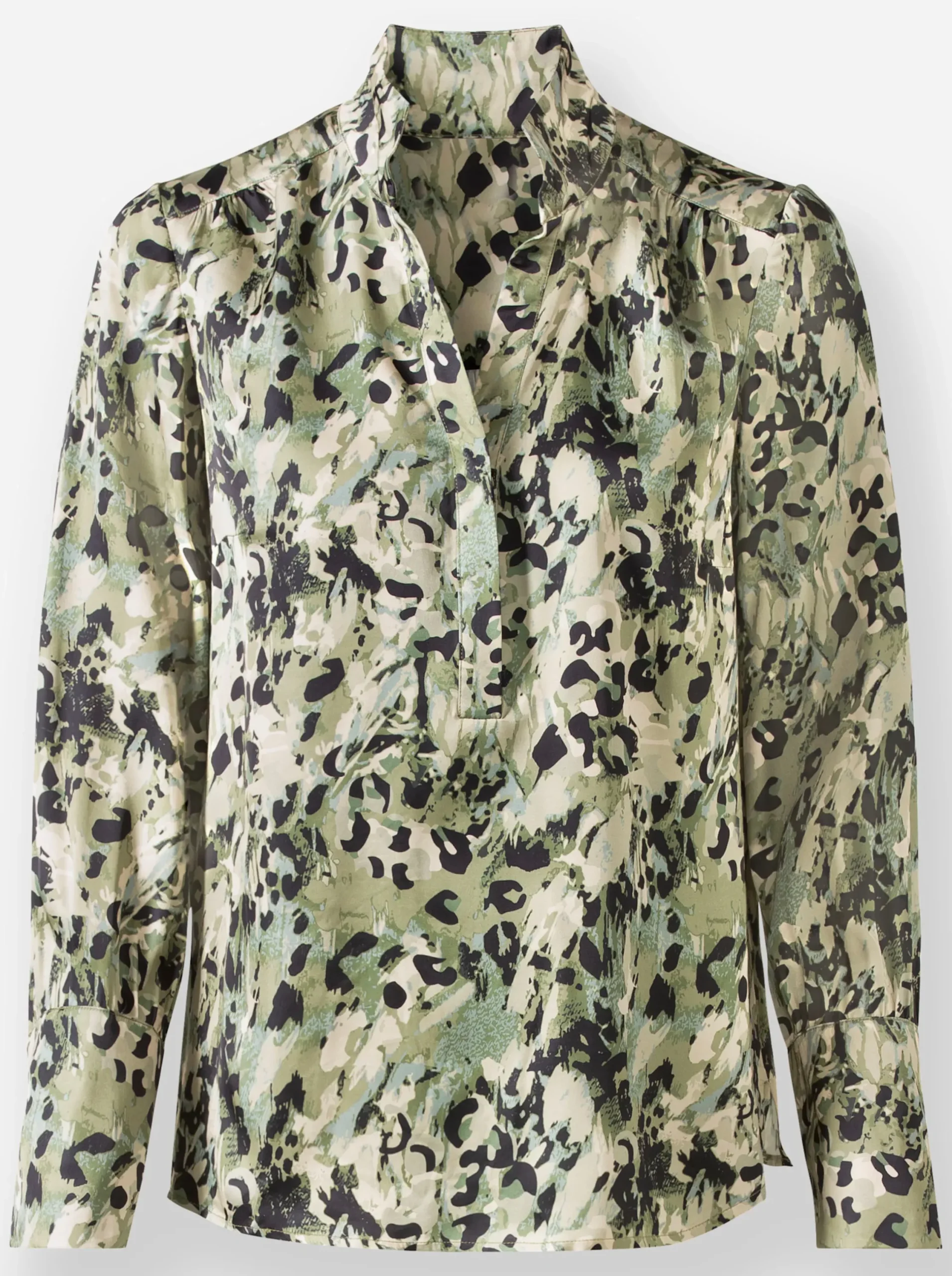 Blusen|heine Satinbluse mit Seitenschlitzen khaki-schlamm-bedruckt