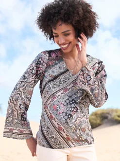 Blusen|heine Satinbluse mit Trompetenärmel graphit-camel-bedruckt