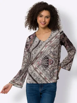Blusen|heine Satinbluse mit Trompetenärmel graphit-camel-bedruckt