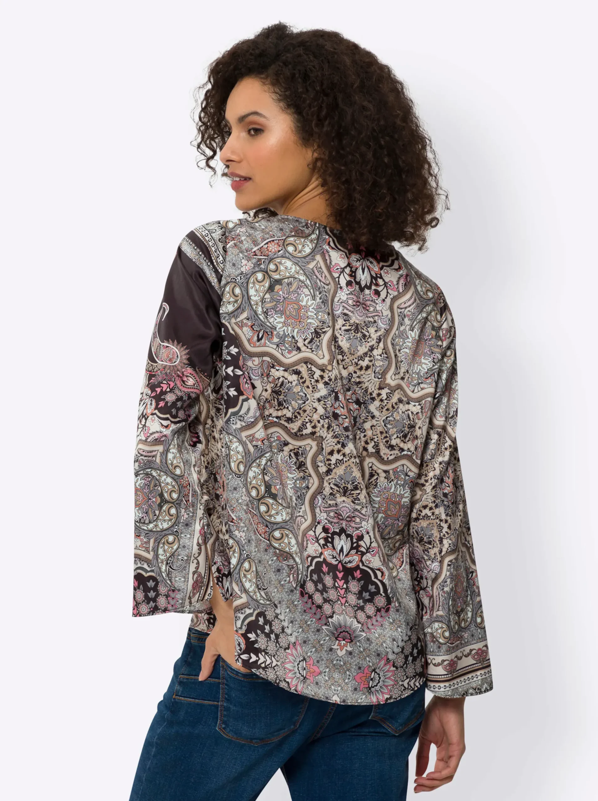 Blusen|heine Satinbluse mit Trompetenärmel graphit-camel-bedruckt