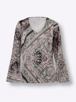 Blusen|heine Satinbluse mit Trompetenärmel graphit-camel-bedruckt