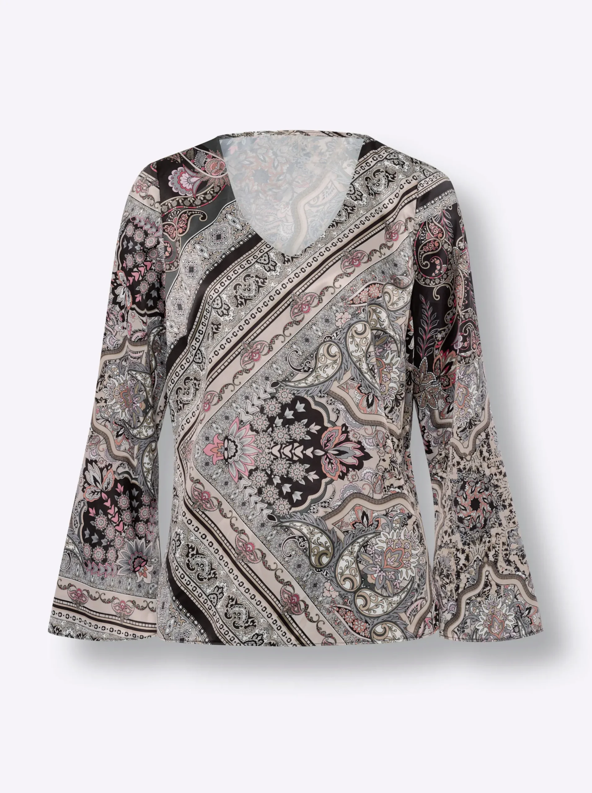 Blusen|heine Satinbluse mit Trompetenärmel graphit-camel-bedruckt