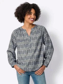 Blusen|heine Schlupfbluse aus Satin sand-rauchblau-bedruckt