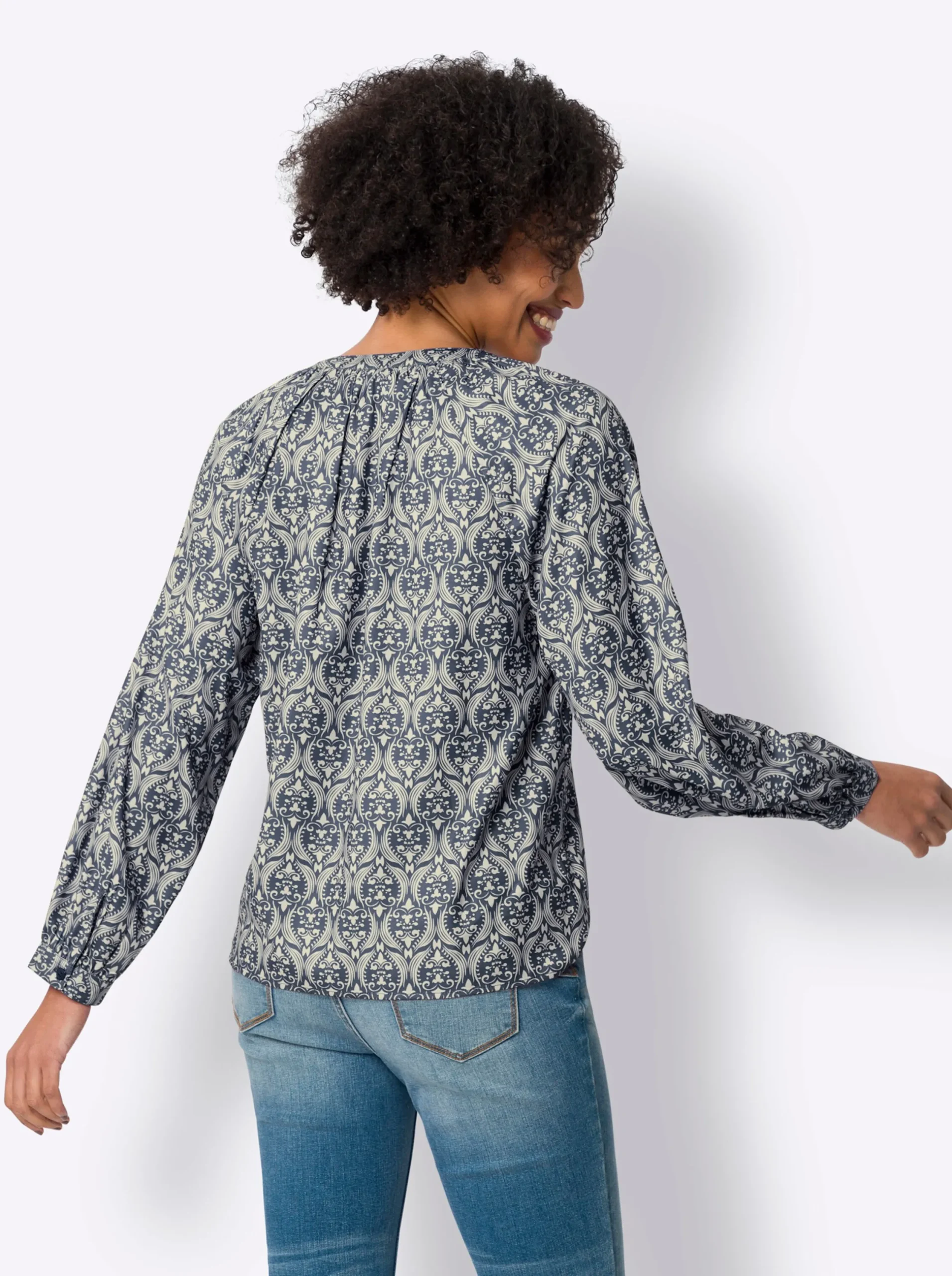 Blusen|heine Schlupfbluse aus Satin sand-rauchblau-bedruckt