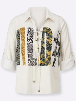 Blusen| Schlupf-Bluse mit Animal-Schriftzug champagner-khaki-bedruckt