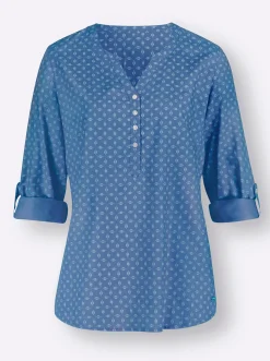 Blusen| Schlupf-Bluse mit Minimal-Muster mittelblau-weiß-bedruckt