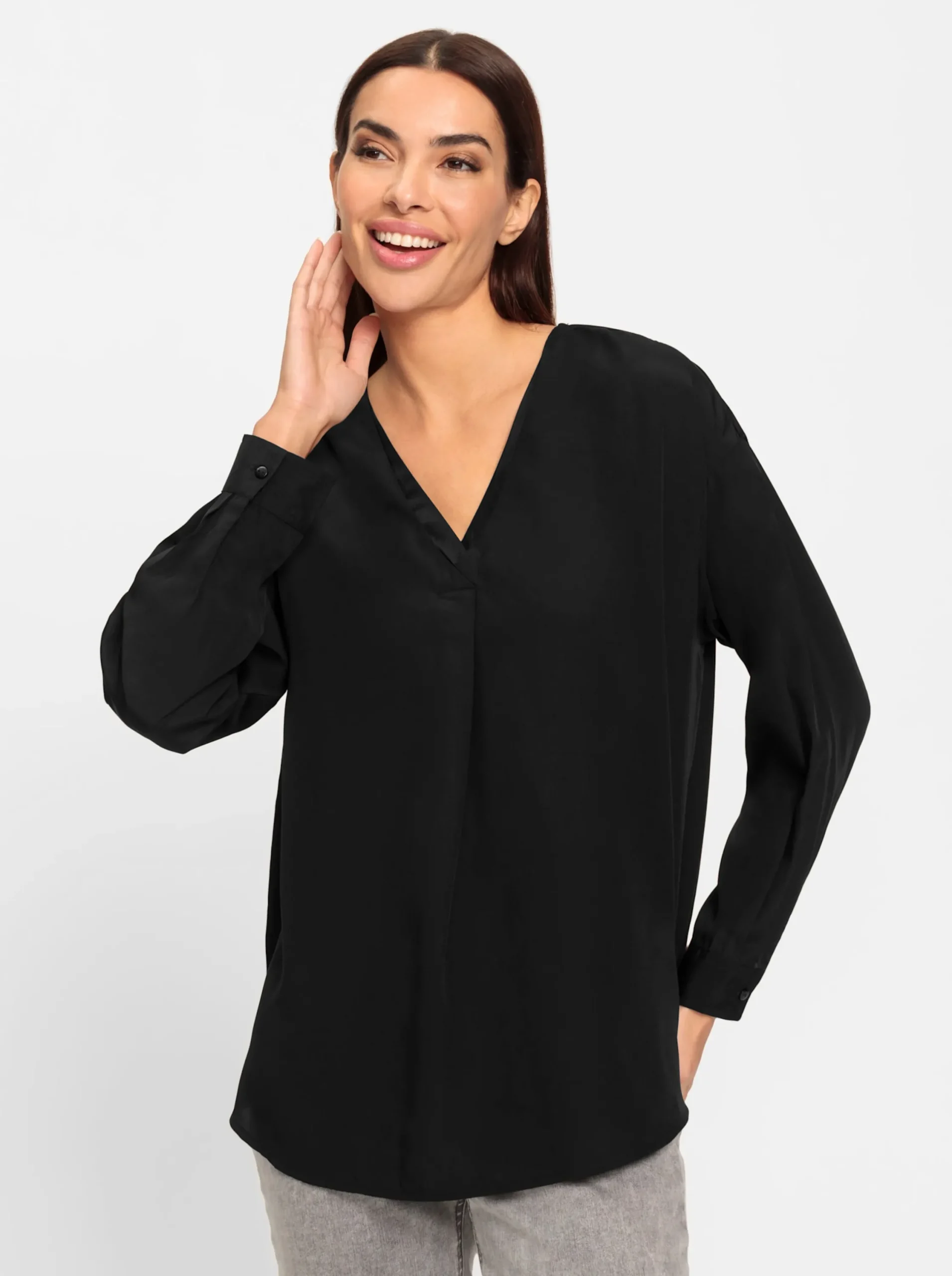 Blusen|heine Schlupfbluse mit Satin am V-Ausschnitt schwarz