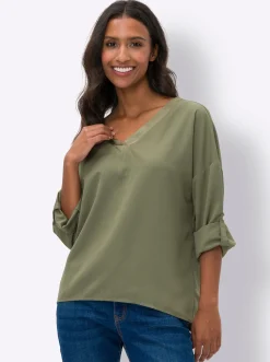 Blusen|heine Schlupfbluse mit Satinblende khaki