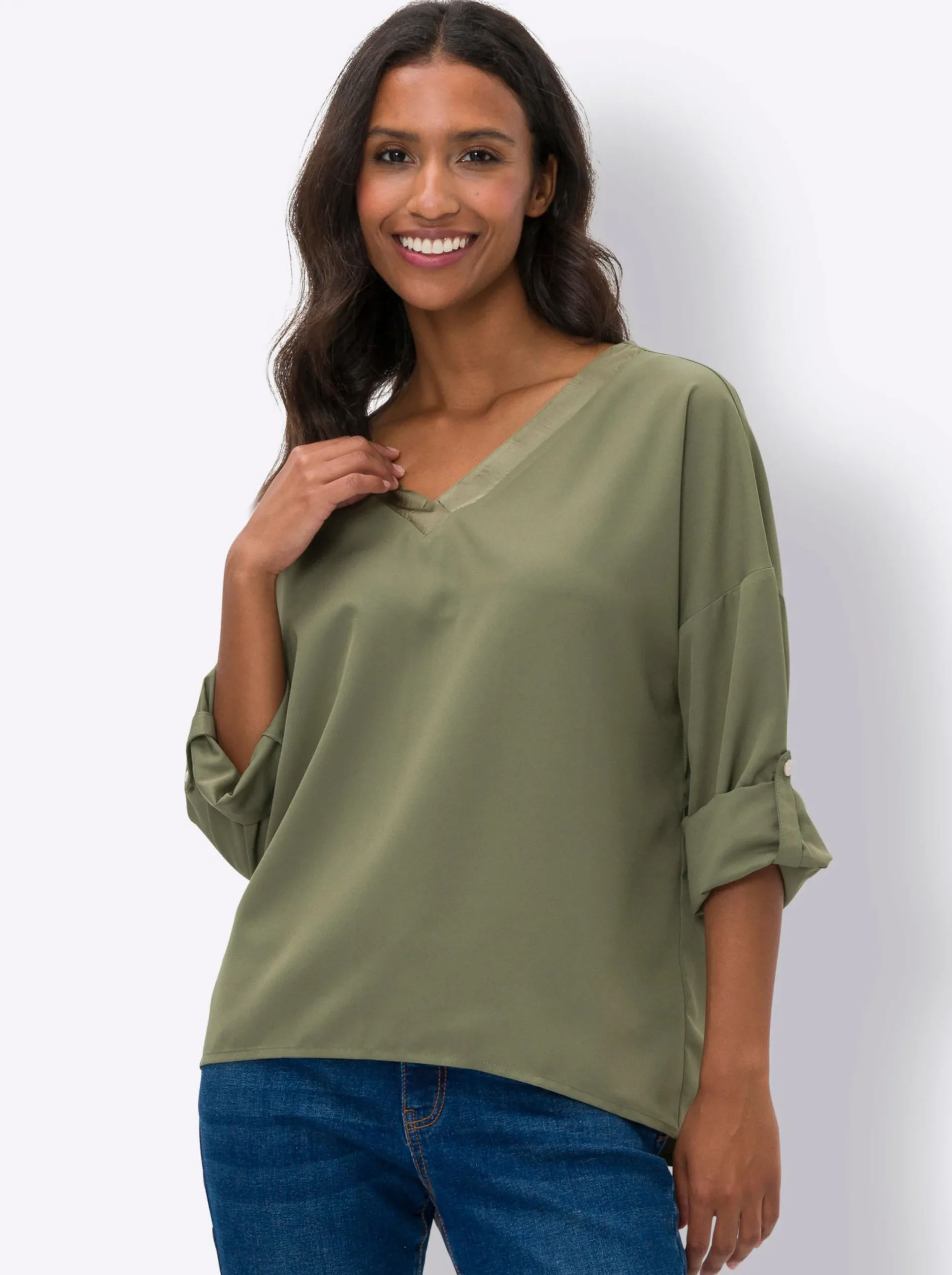 Blusen|heine Schlupfbluse mit Satinblende khaki