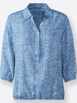 Blusen| Schlupf-Bluse mit schimmernden Knöpfen mittelblau-weiß-bedruckt