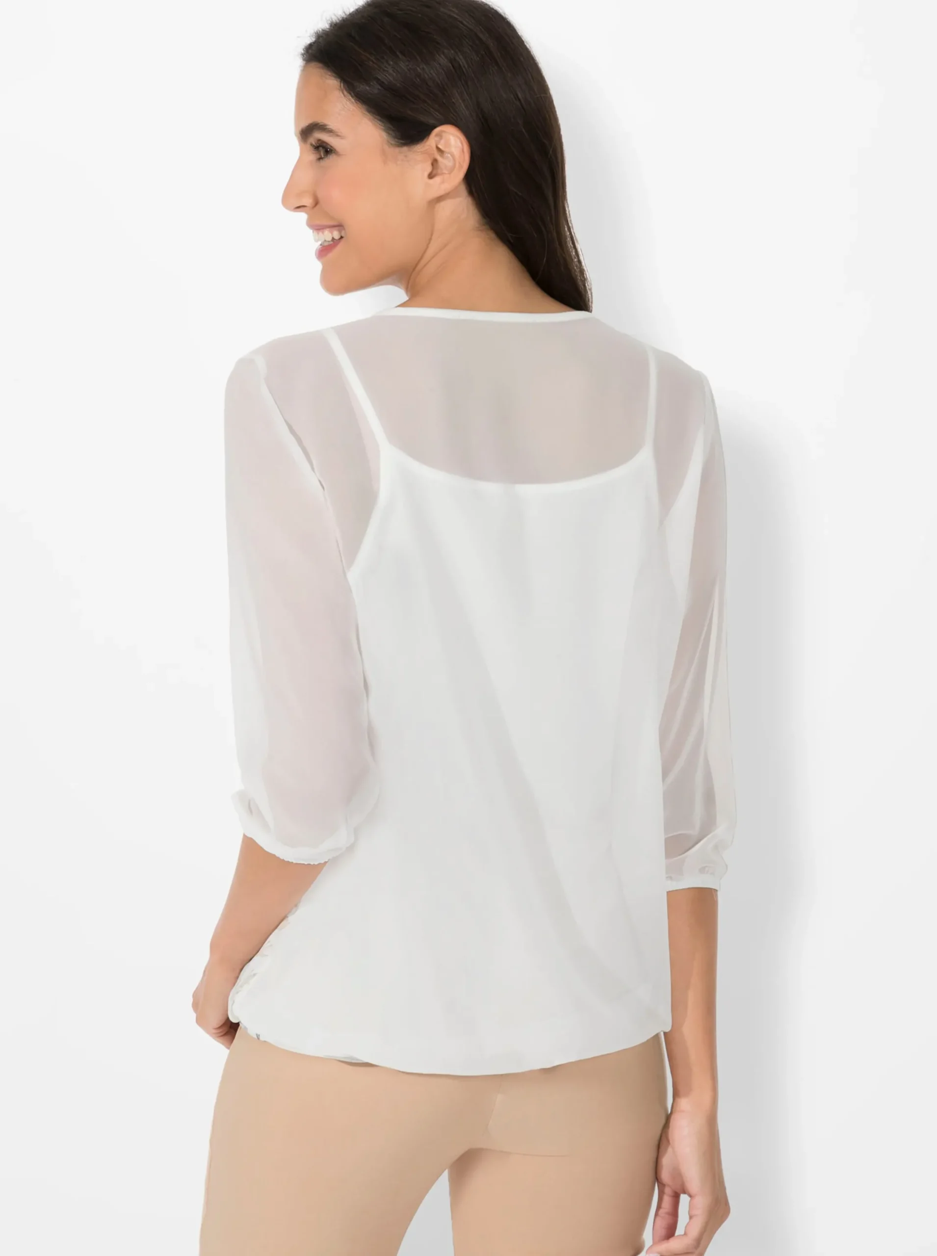 Strandmode| Schlupfbluse mit Spaghetti-Top ecru-bedruckt