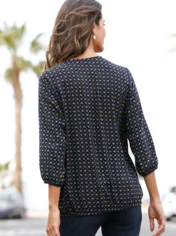 Blusen| Schlupfbluse mit V-Ausschnitt, reine Viskose marine-bedruckt