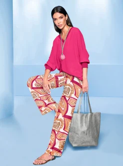 Strandmode|Hosen|heine Schlupfhose mit 2 Taschen pink-ecru-bedruckt