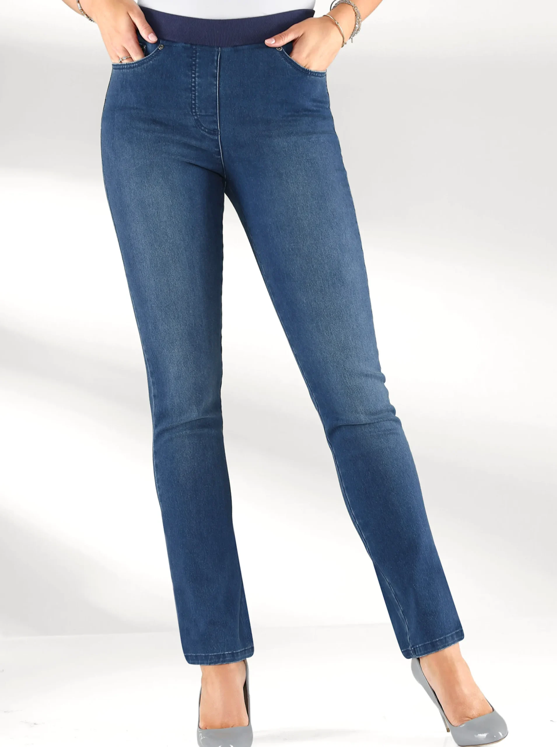 Jeans| Schlupfjeans mit geripptem Strick-Dehnbund blue-stone-washed