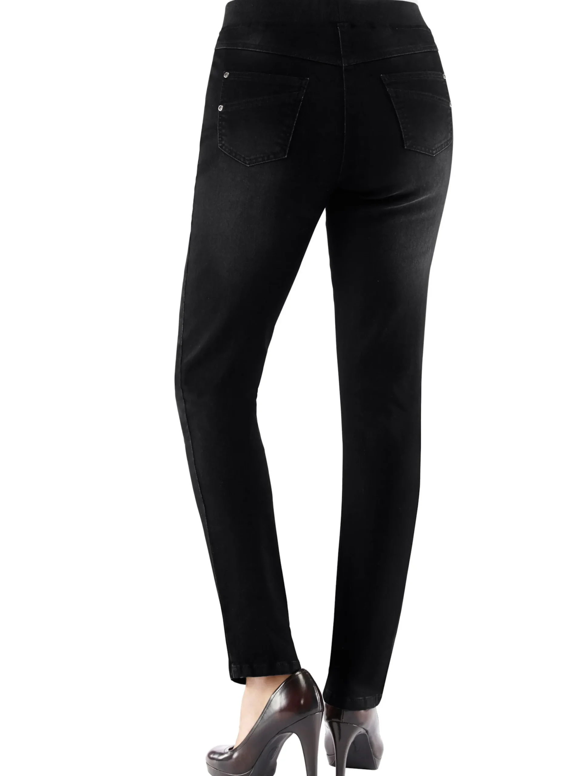 Jeans| Schlupfjeans mit geripptem Strick-Dehnbund black-denim